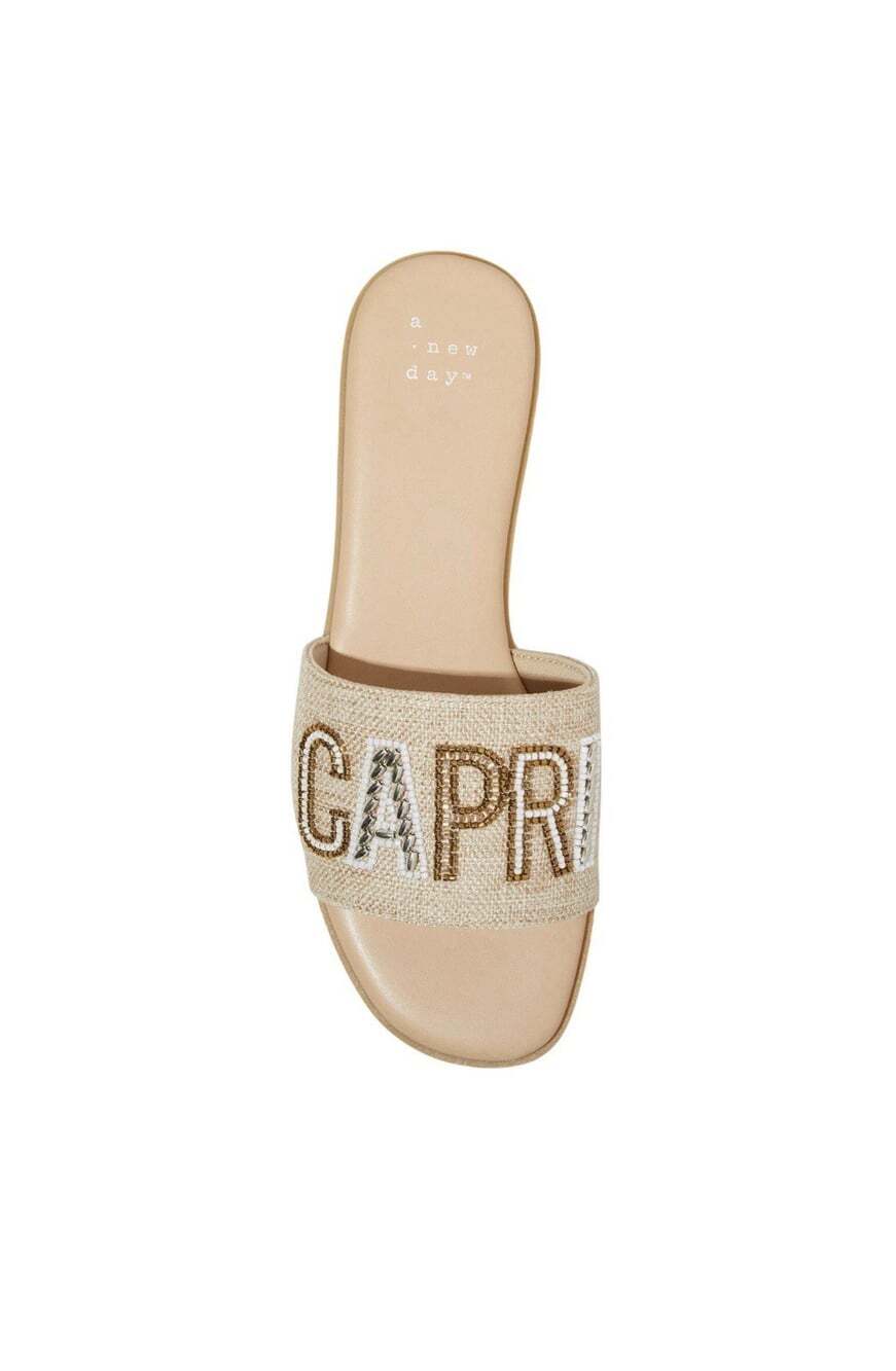 A New Day Womens Nehemia Wide Beaded Canvas Slide Sandals Tan Size 8.5